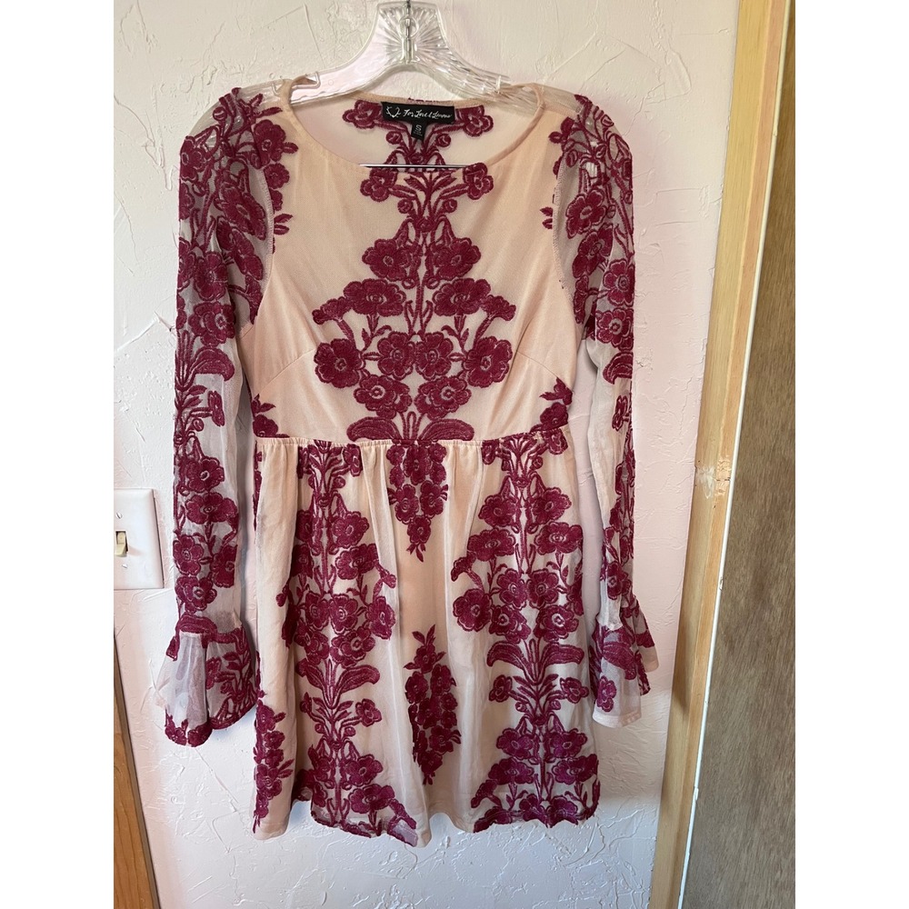For Love & Lemons Burgundy Floral Embroidered Mesh Mini Dress Bell Sleeve Small